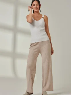 Ribbed Knit Wide Leg Trousers, Mink Heather