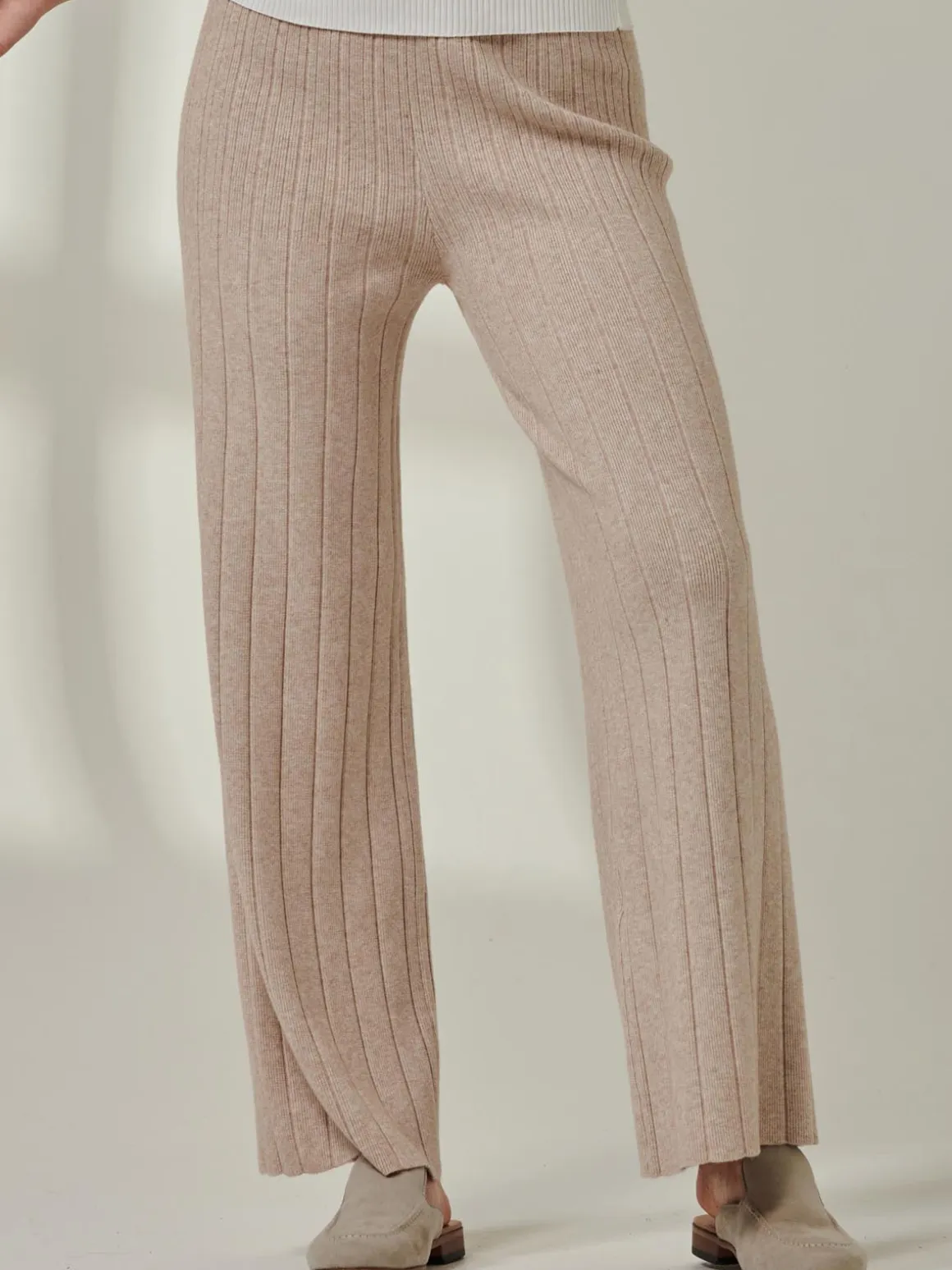 Ribbed Knit Wide Leg Trousers, Mink Heather