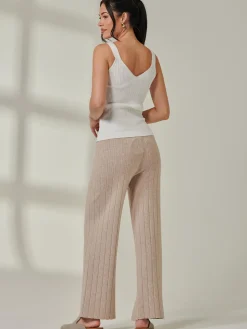Ribbed Knit Wide Leg Trousers, Mink Heather