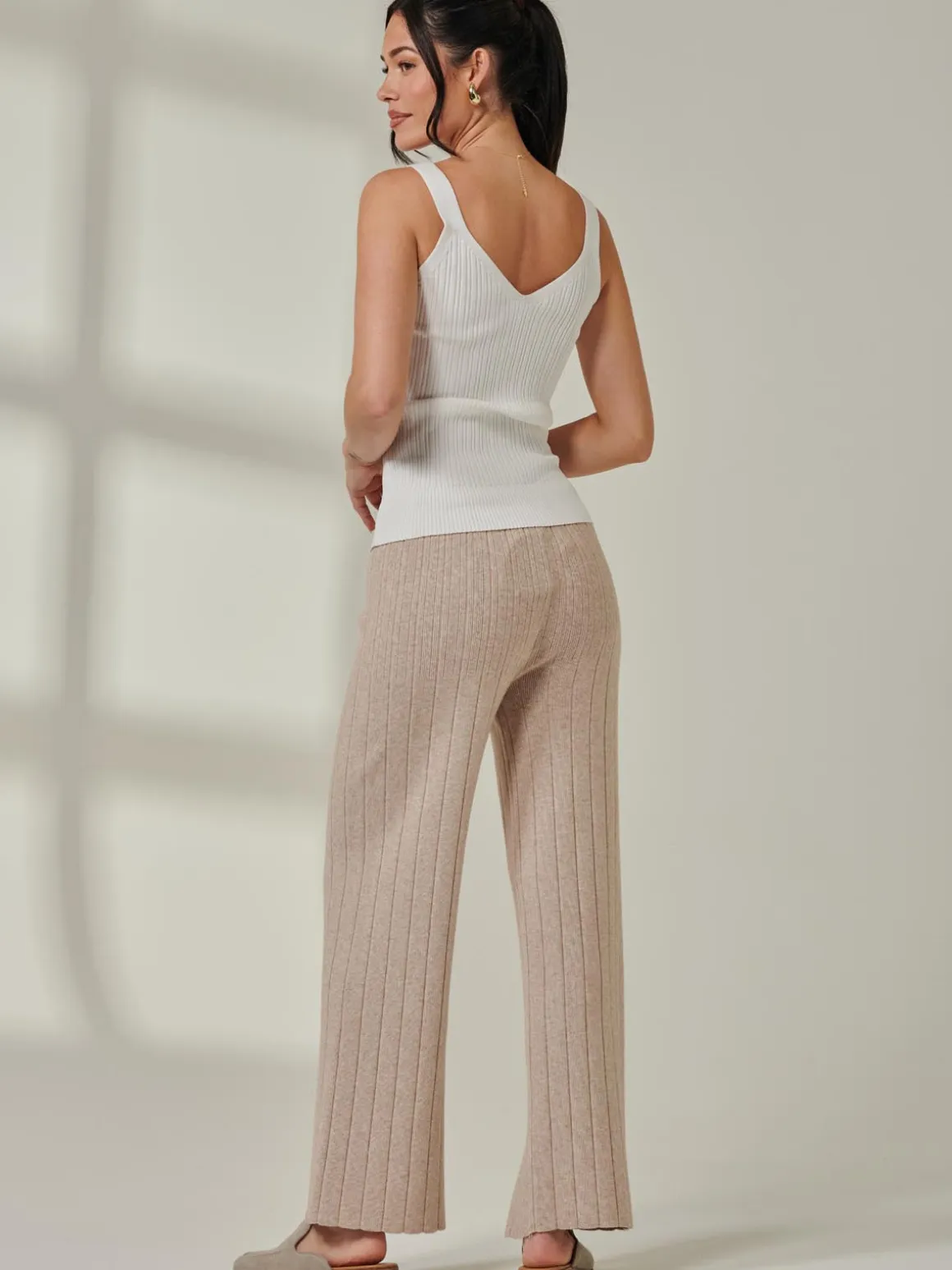 Ribbed Knit Wide Leg Trousers, Mink Heather
