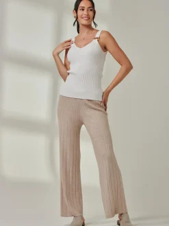 Ribbed Knit Wide Leg Trousers, Mink Heather