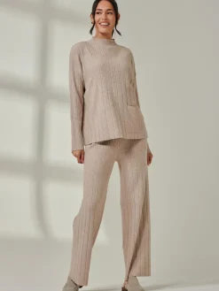 Ribbed Knit Wide Leg Trousers, Mink Heather