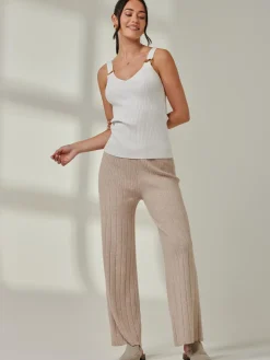 Ribbed Knit Wide Leg Trousers, Mink Heather
