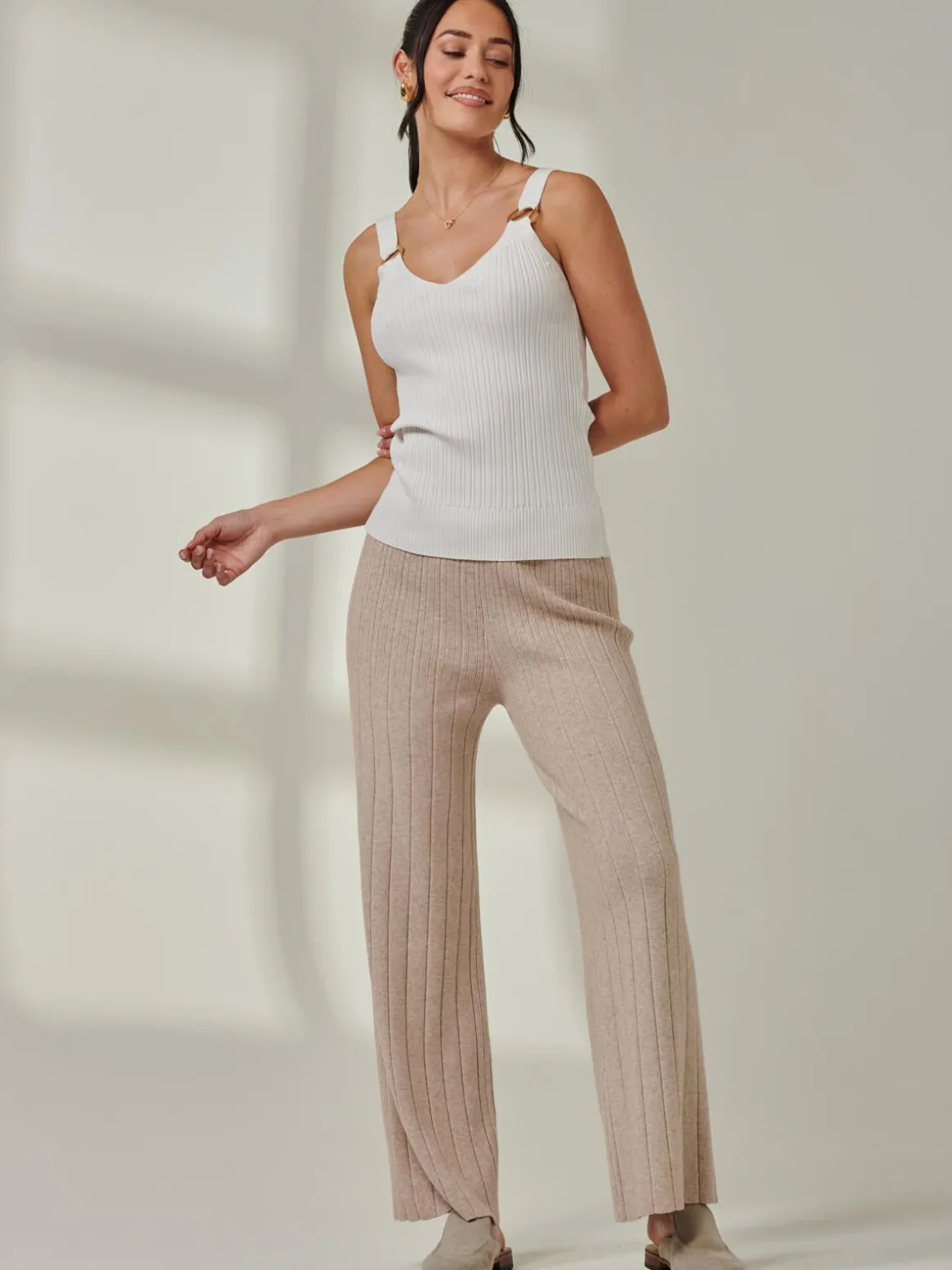 Ribbed Knit Wide Leg Trousers, Mink Heather
