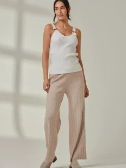 Ribbed Knit Wide Leg Trousers, Mink Heather