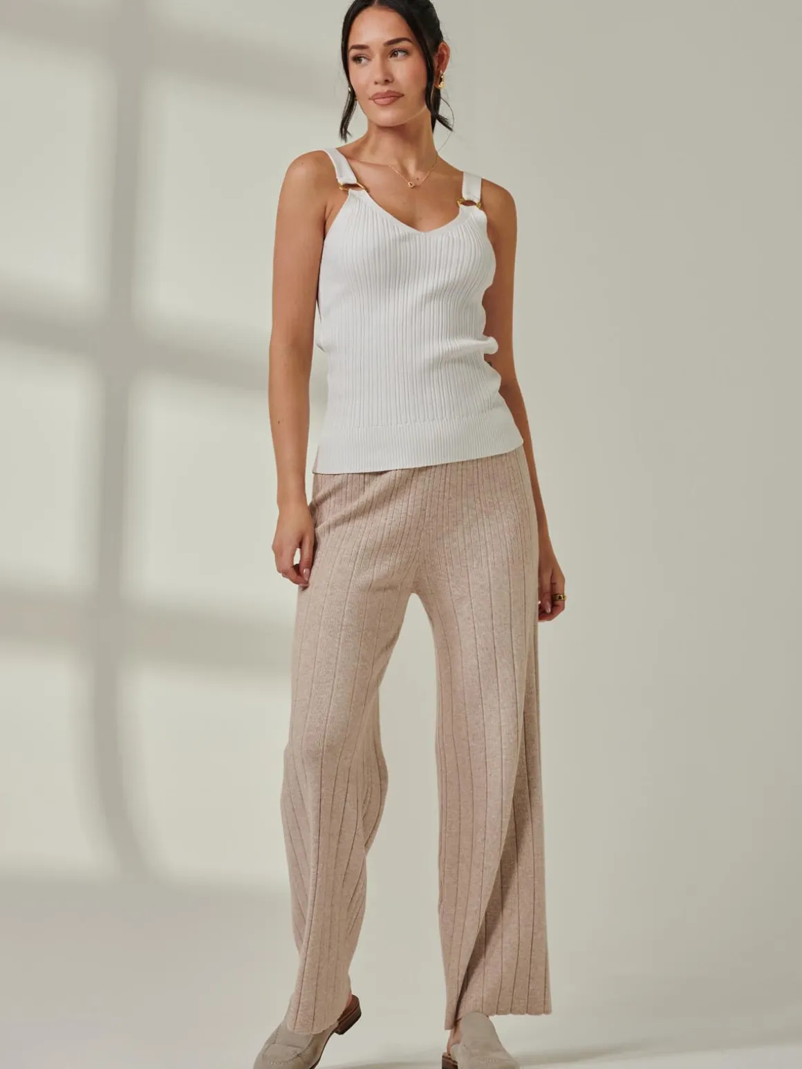 Ribbed Knit Wide Leg Trousers, Mink Heather