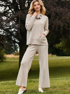 Ribbed Knit Wide Leg Trousers, Mink Heather