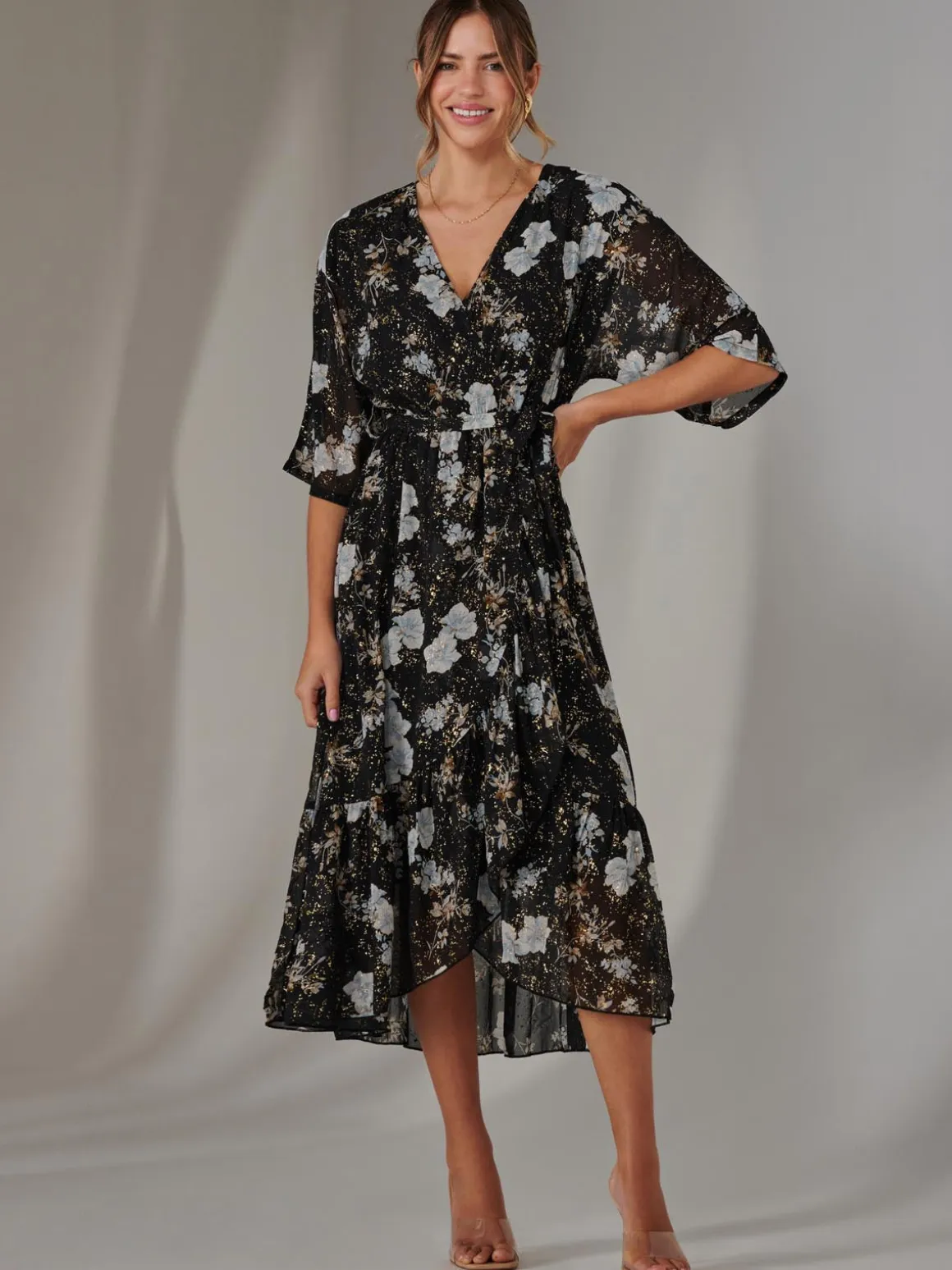 Rita Ruffle Hem Chiffon Midi Dress, Black Floral