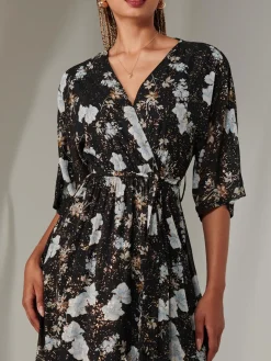 Rita Ruffle Hem Chiffon Midi Dress, Black Floral