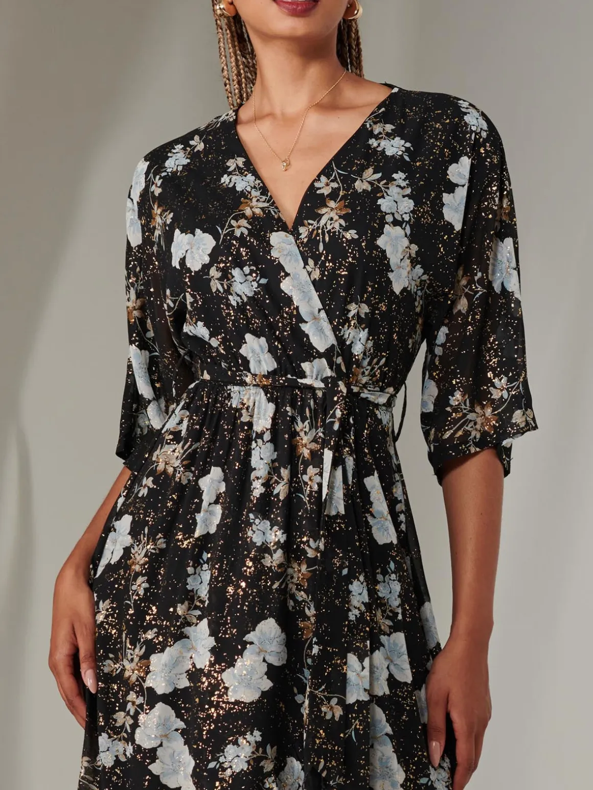 Rita Ruffle Hem Chiffon Midi Dress, Black Floral