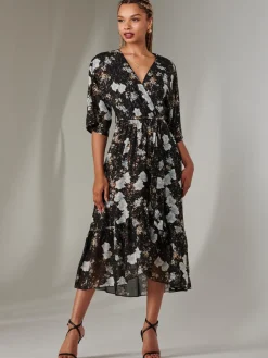 Rita Ruffle Hem Chiffon Midi Dress, Black Floral