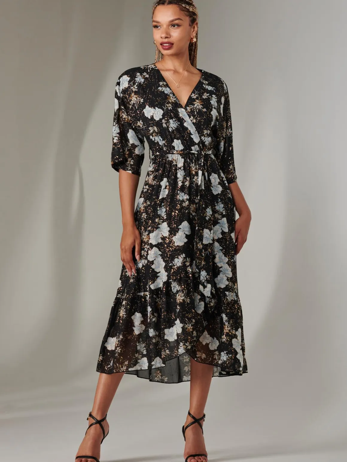 Rita Ruffle Hem Chiffon Midi Dress, Black Floral