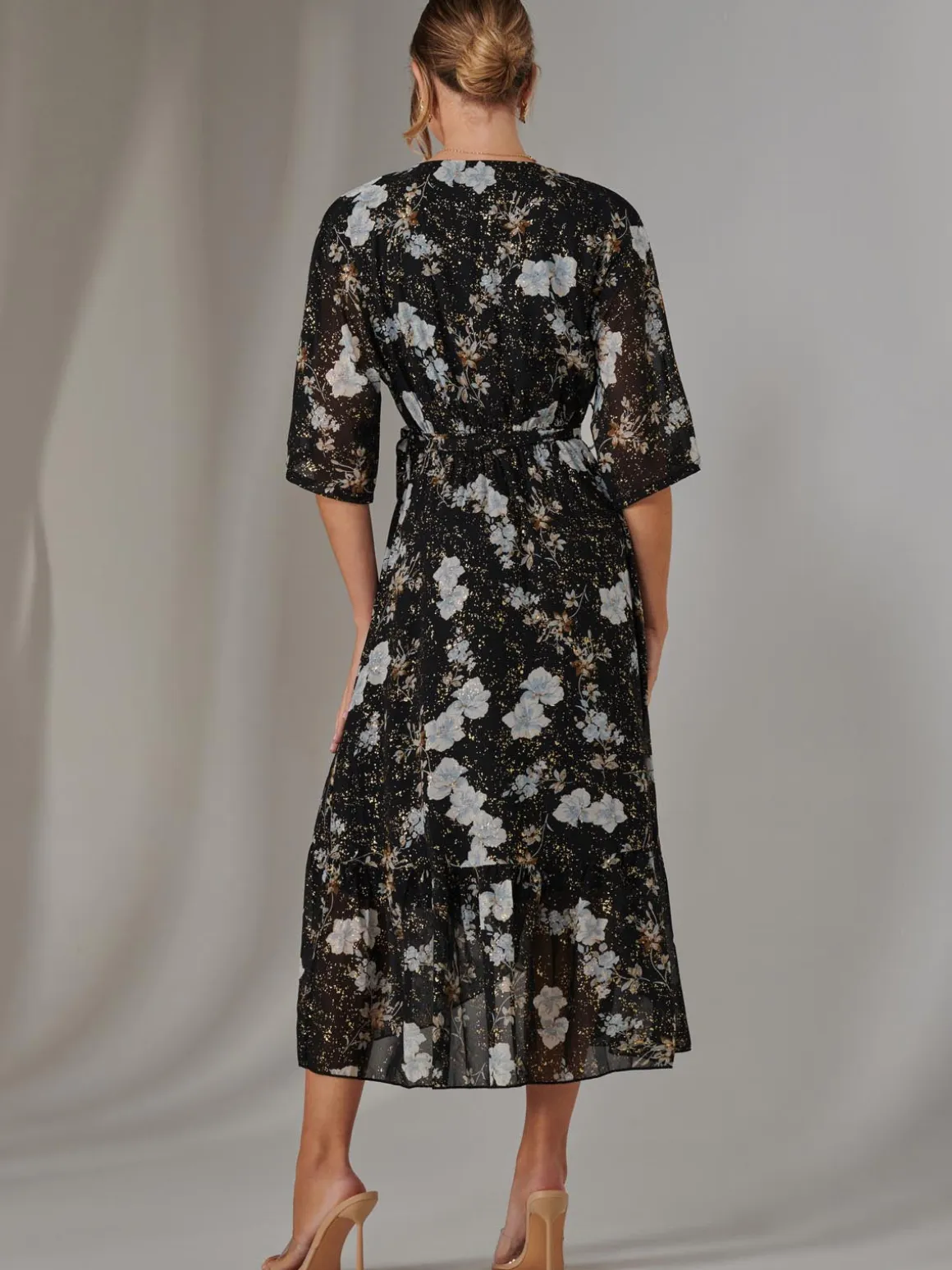 Rita Ruffle Hem Chiffon Midi Dress, Black Floral