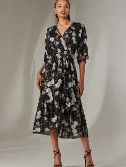 Rita Ruffle Hem Chiffon Midi Dress, Black Floral