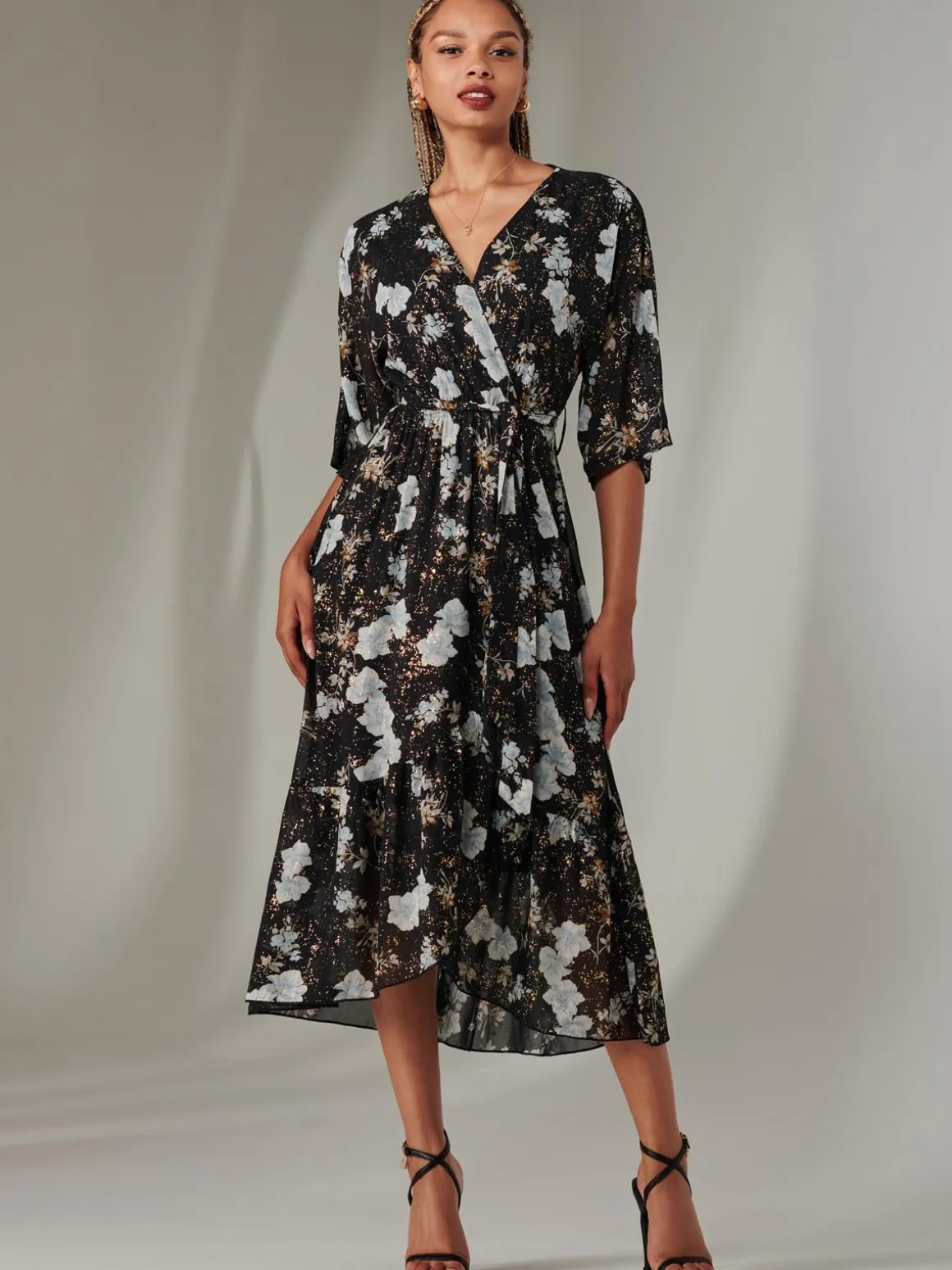 Rita Ruffle Hem Chiffon Midi Dress, Black Floral