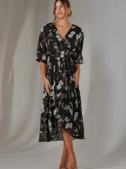 Rita Ruffle Hem Chiffon Midi Dress, Black Floral