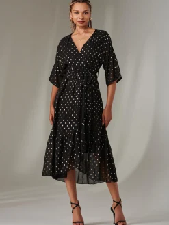 Rita Ruffle Hem Chiffon Midi Dress, Black/Gold