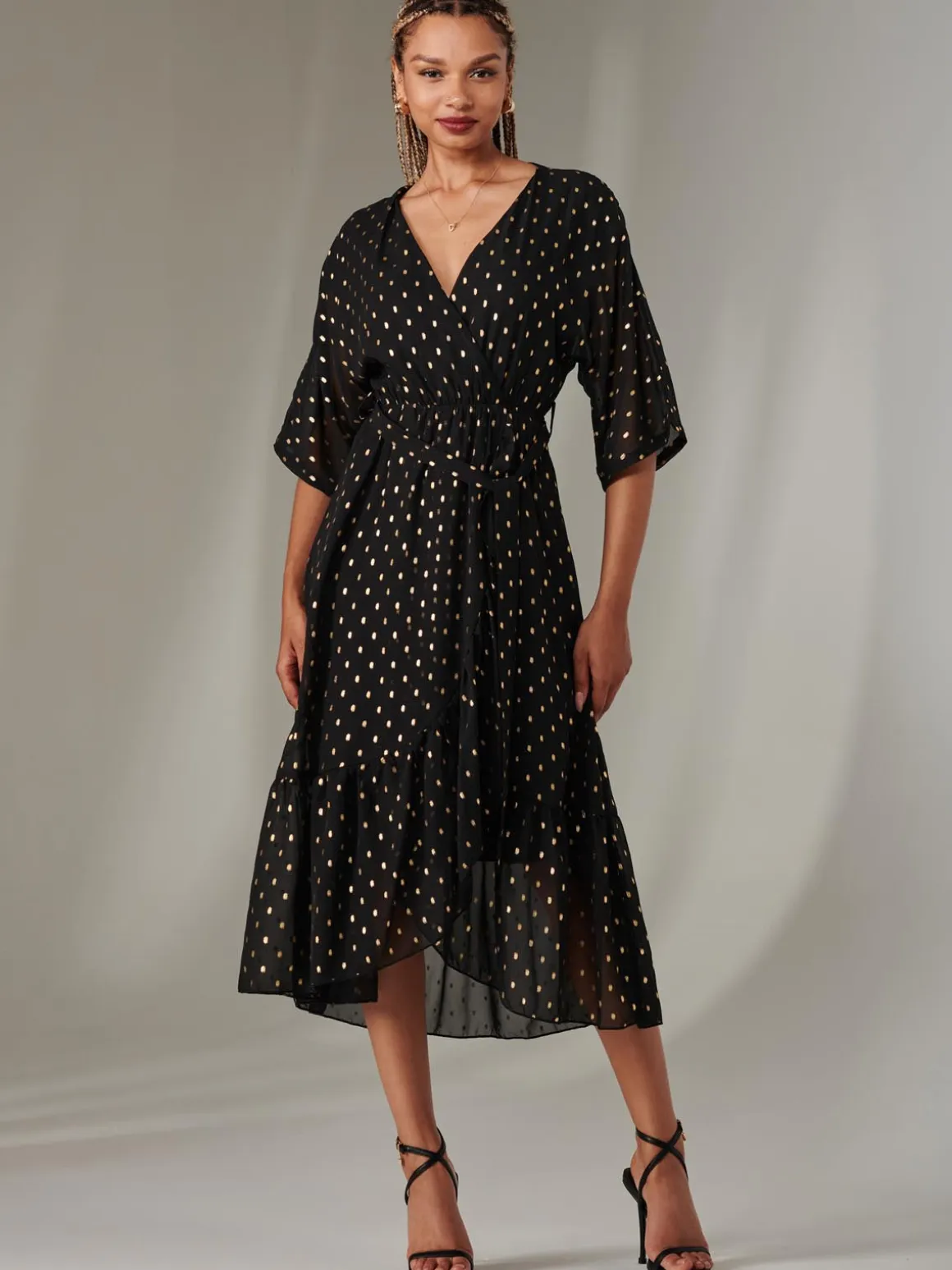 Rita Ruffle Hem Chiffon Midi Dress, Black/Gold