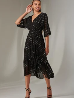 Rita Ruffle Hem Chiffon Midi Dress, Black/Gold