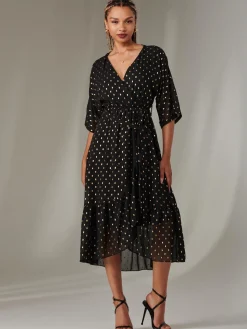 Rita Ruffle Hem Chiffon Midi Dress, Black/Gold