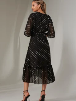 Rita Ruffle Hem Chiffon Midi Dress, Black/Gold