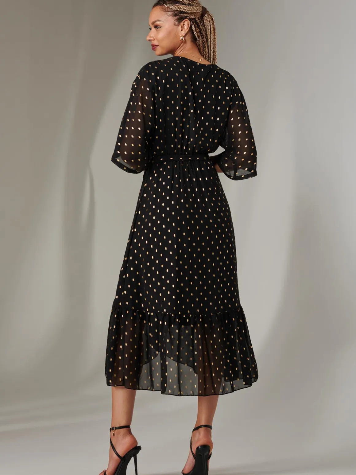 Rita Ruffle Hem Chiffon Midi Dress, Black/Gold