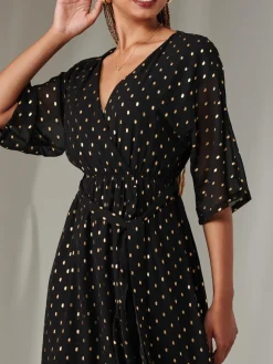 Rita Ruffle Hem Chiffon Midi Dress, Black/Gold