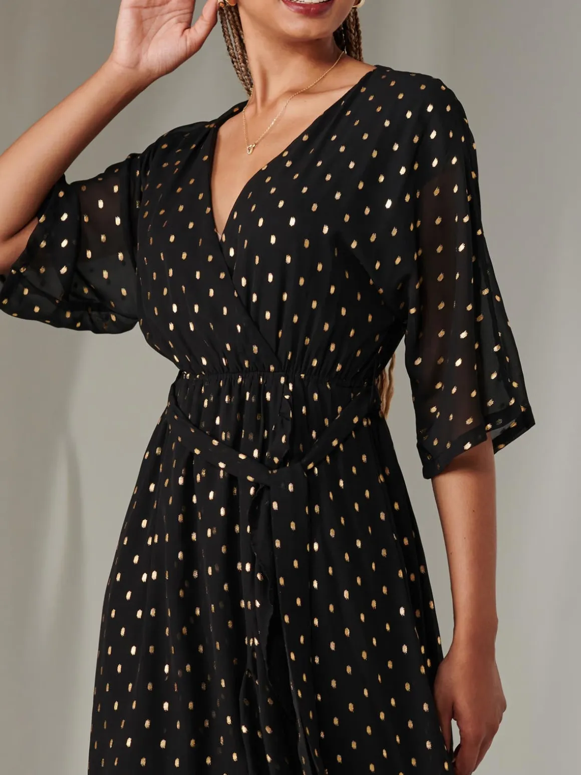 Rita Ruffle Hem Chiffon Midi Dress, Black/Gold