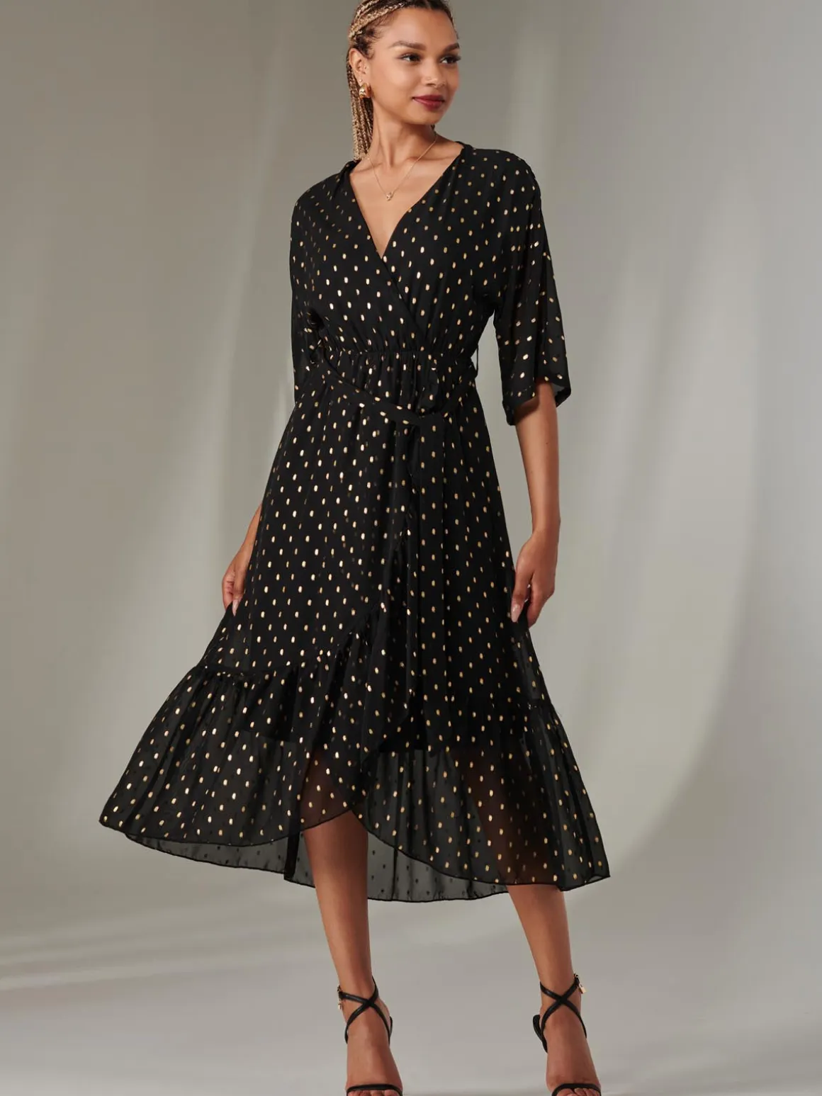 Rita Ruffle Hem Chiffon Midi Dress, Black/Gold