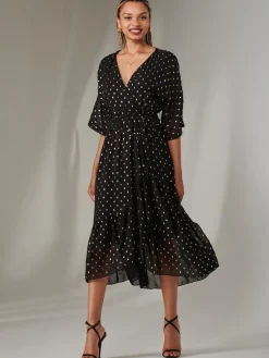 Rita Ruffle Hem Chiffon Midi Dress, Black/Gold