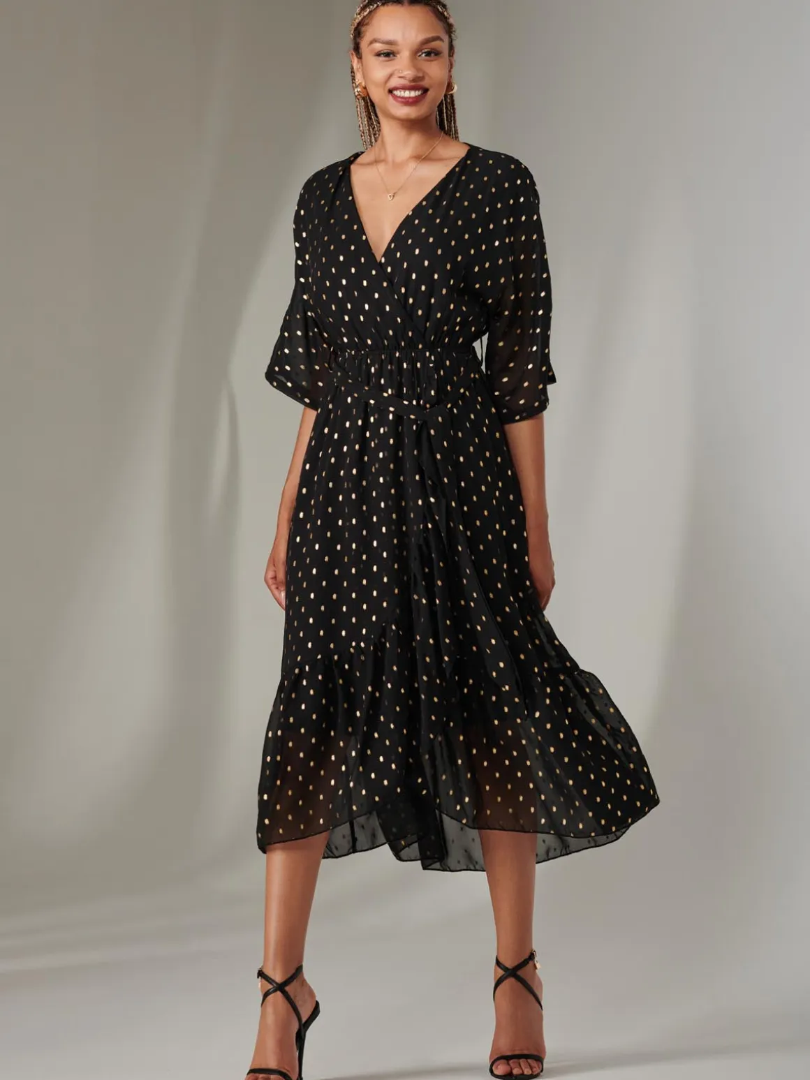 Rita Ruffle Hem Chiffon Midi Dress, Black/Gold