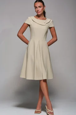 Roll Collar Cap Sleeve Midi Dress, Beige