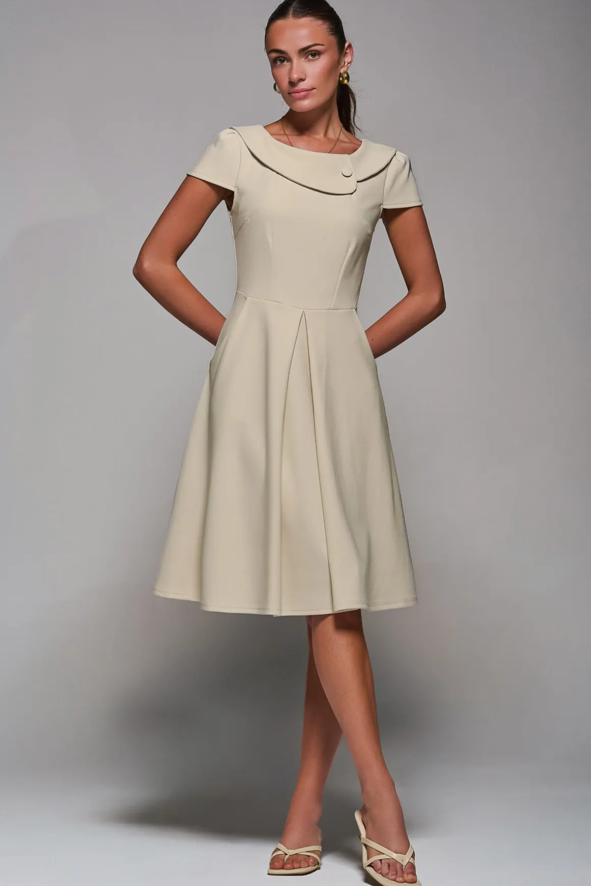 Roll Collar Cap Sleeve Midi Dress, Beige