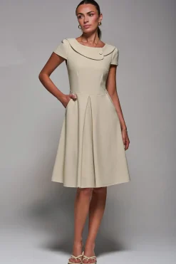 Roll Collar Cap Sleeve Midi Dress, Beige