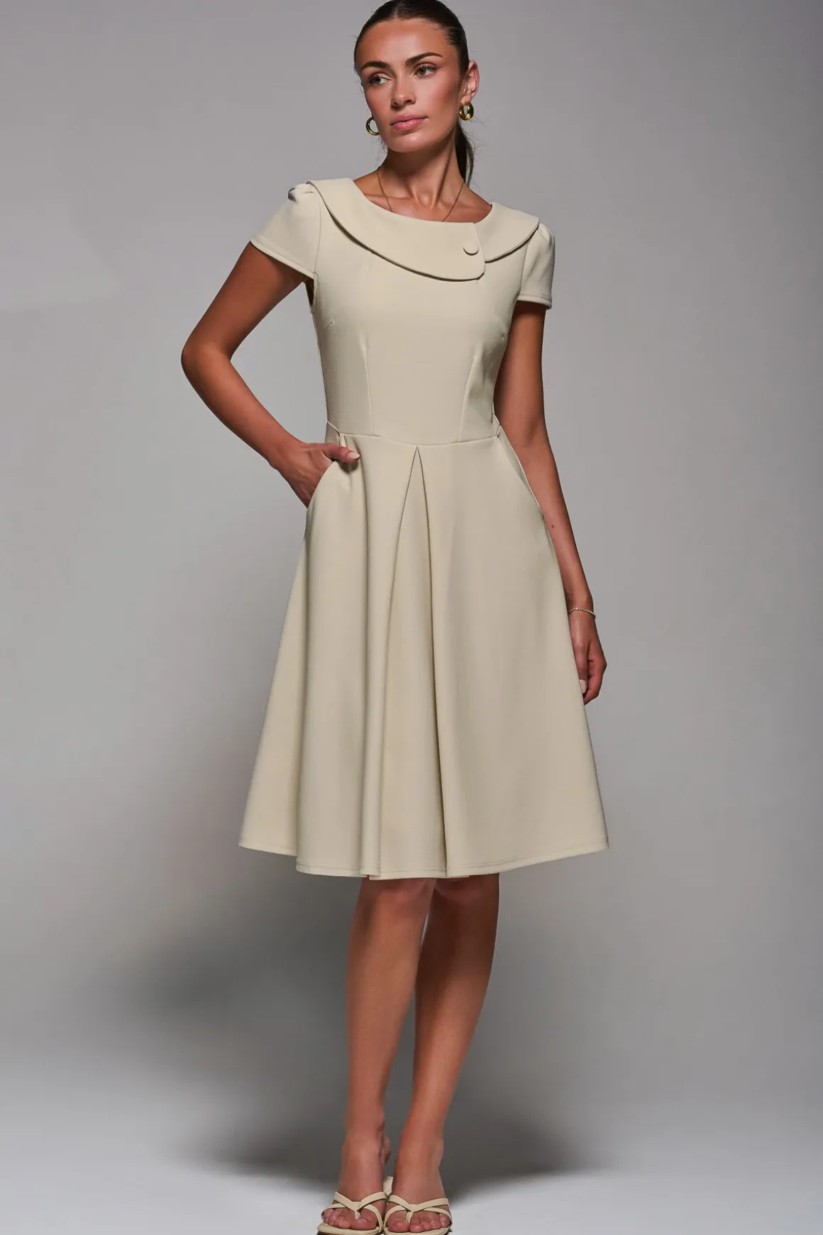 Roll Collar Cap Sleeve Midi Dress, Beige