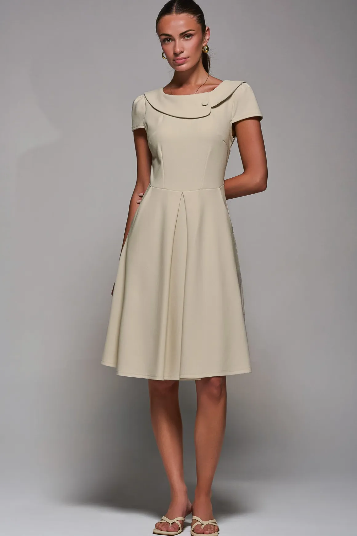 Roll Collar Cap Sleeve Midi Dress, Beige