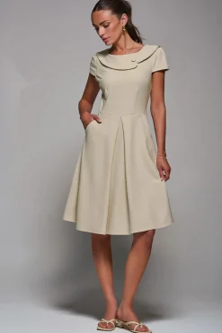 Roll Collar Cap Sleeve Midi Dress, Beige