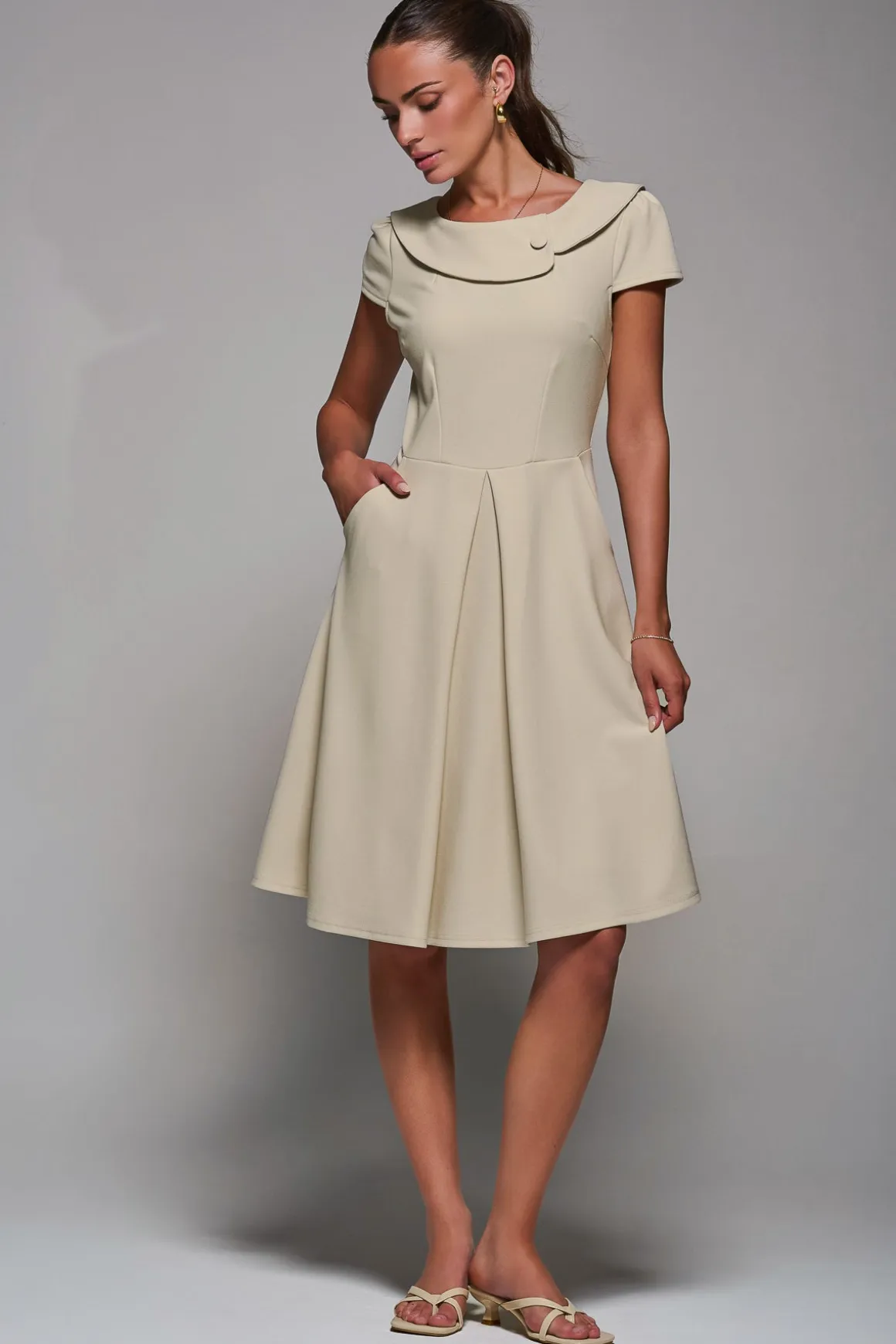 Roll Collar Cap Sleeve Midi Dress, Beige