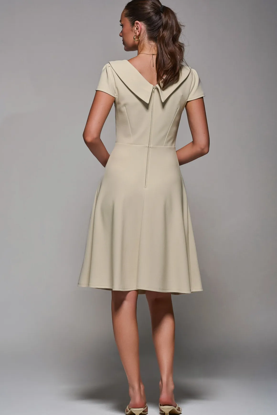 Roll Collar Cap Sleeve Midi Dress, Beige