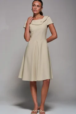Roll Collar Cap Sleeve Midi Dress, Beige
