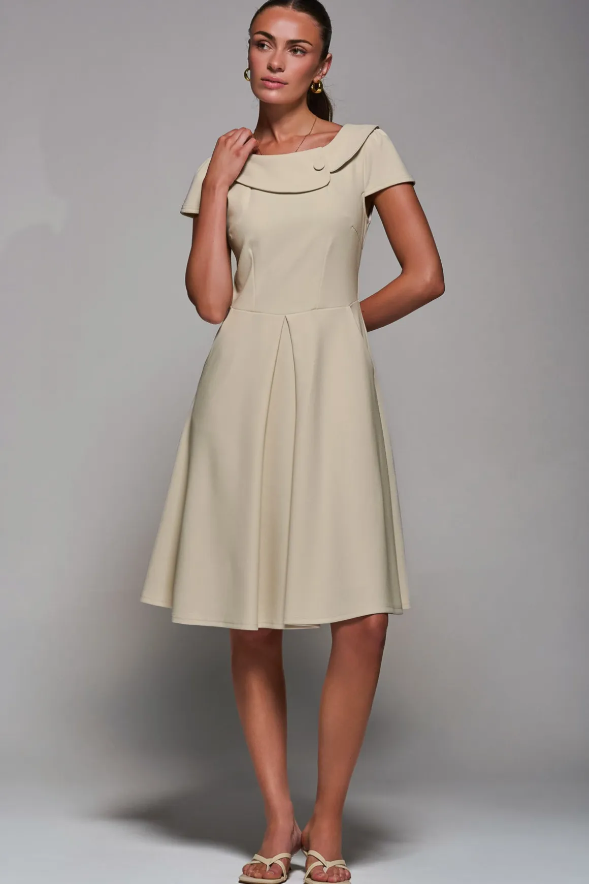 Roll Collar Cap Sleeve Midi Dress, Beige