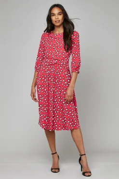 Roll Collar Jersey Tea Dress, Red Polka