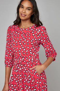 Roll Collar Jersey Tea Dress, Red Polka