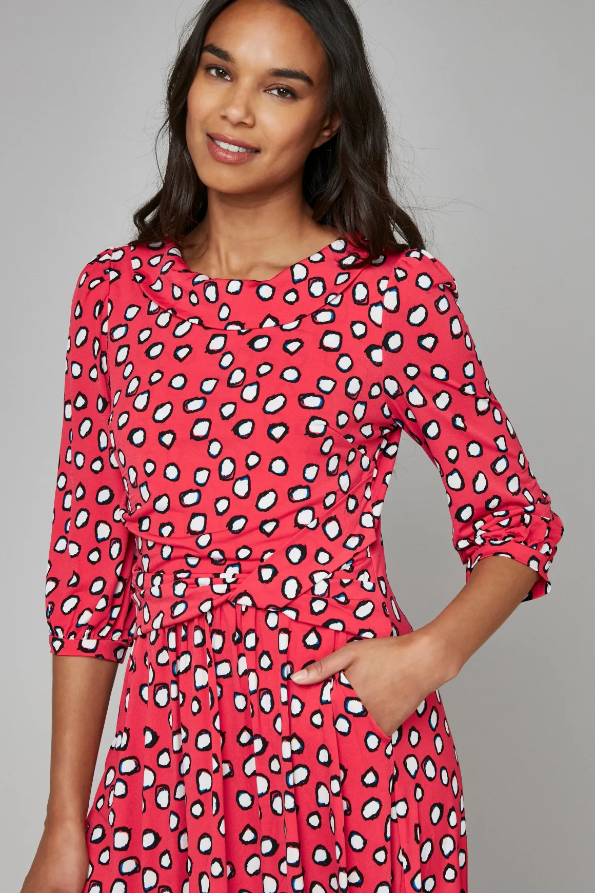 Roll Collar Jersey Tea Dress, Red Polka