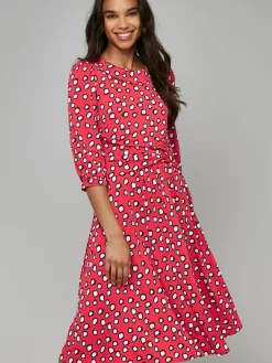 Roll Collar Jersey Tea Dress, Red Polka