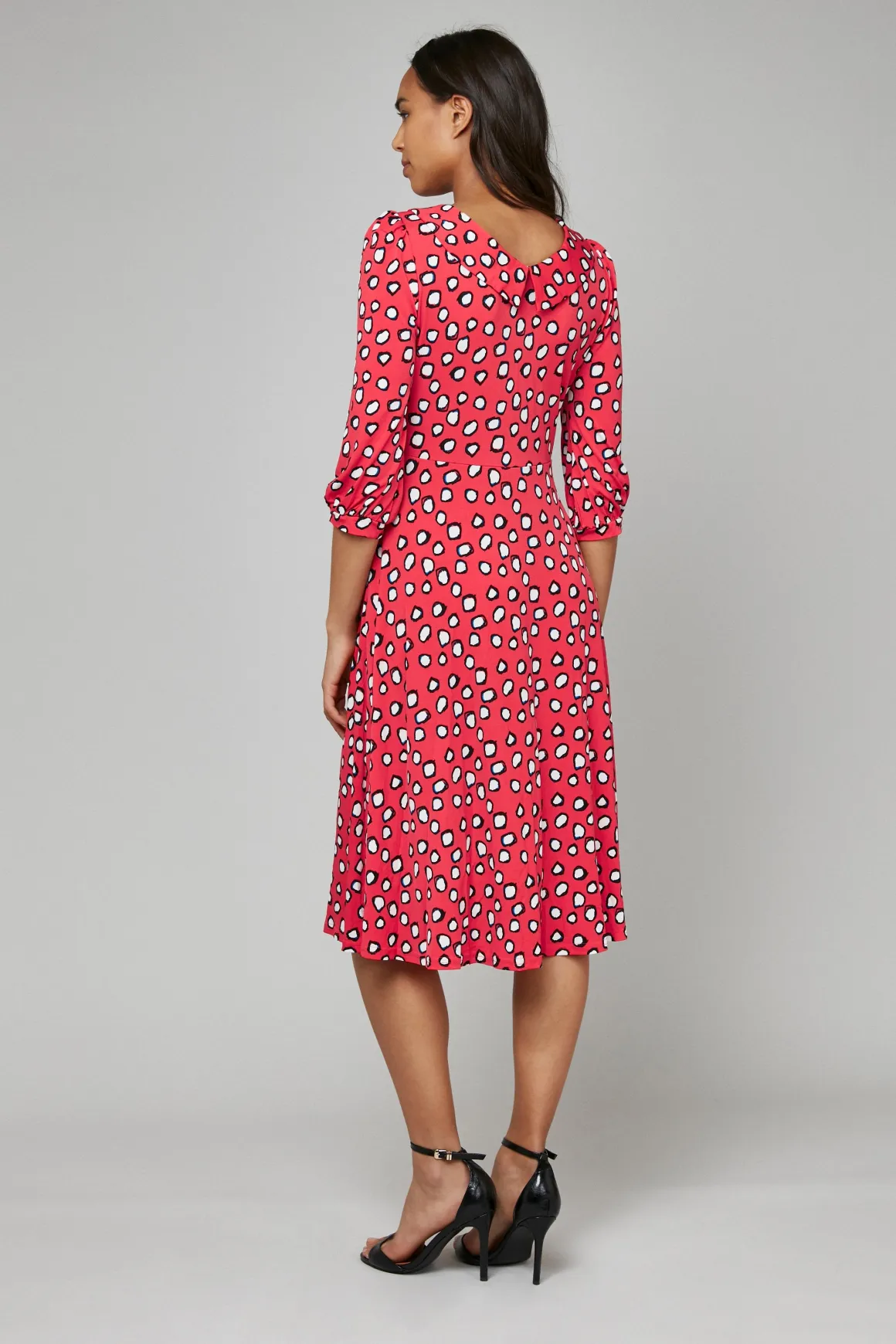 Roll Collar Jersey Tea Dress, Red Polka
