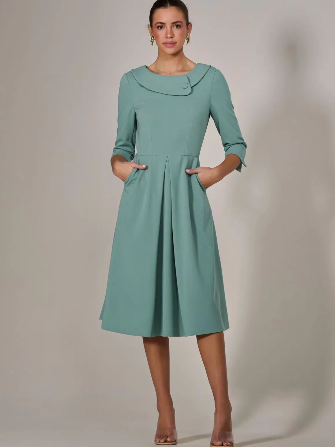 Roll Collar Long Sleeve Midi Dress, Mint Green