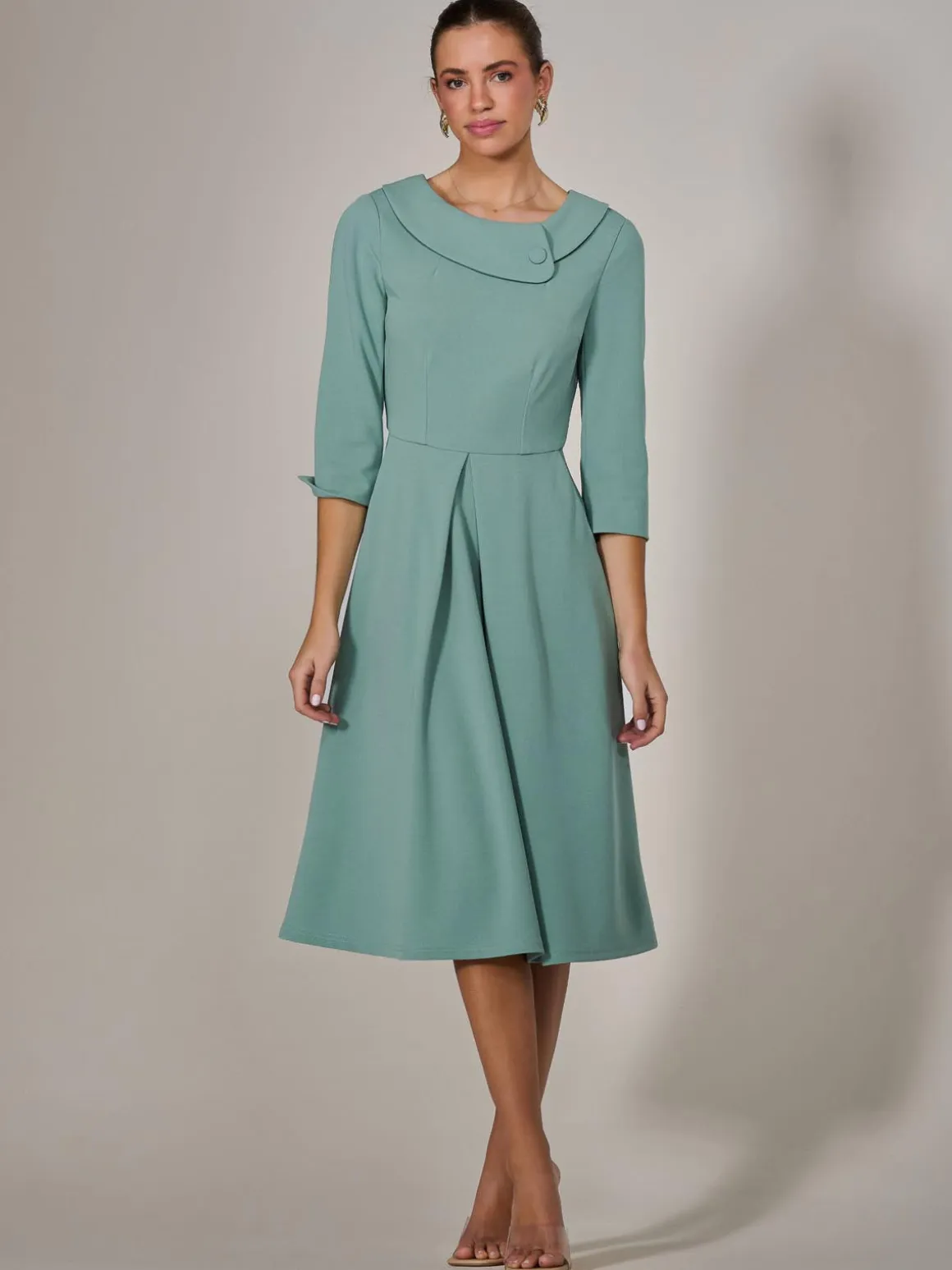 Roll Collar Long Sleeve Midi Dress, Mint Green