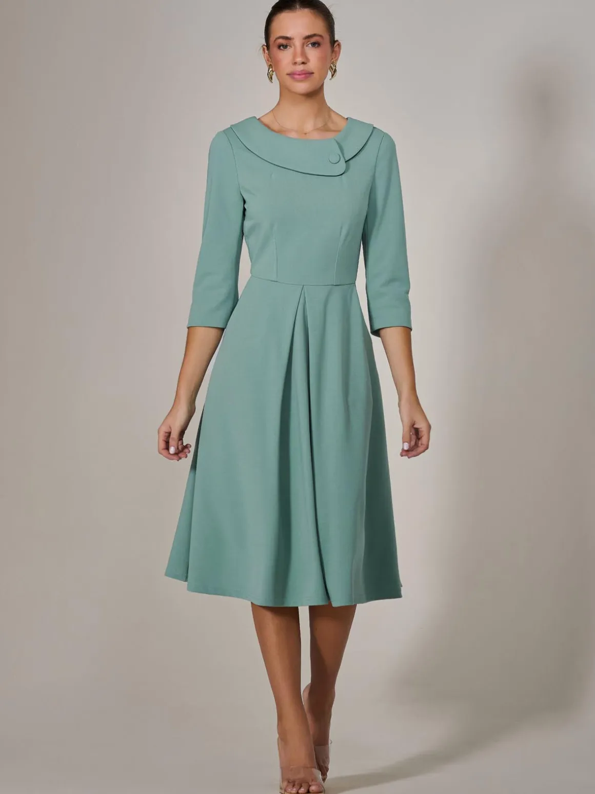 Roll Collar Long Sleeve Midi Dress, Mint Green