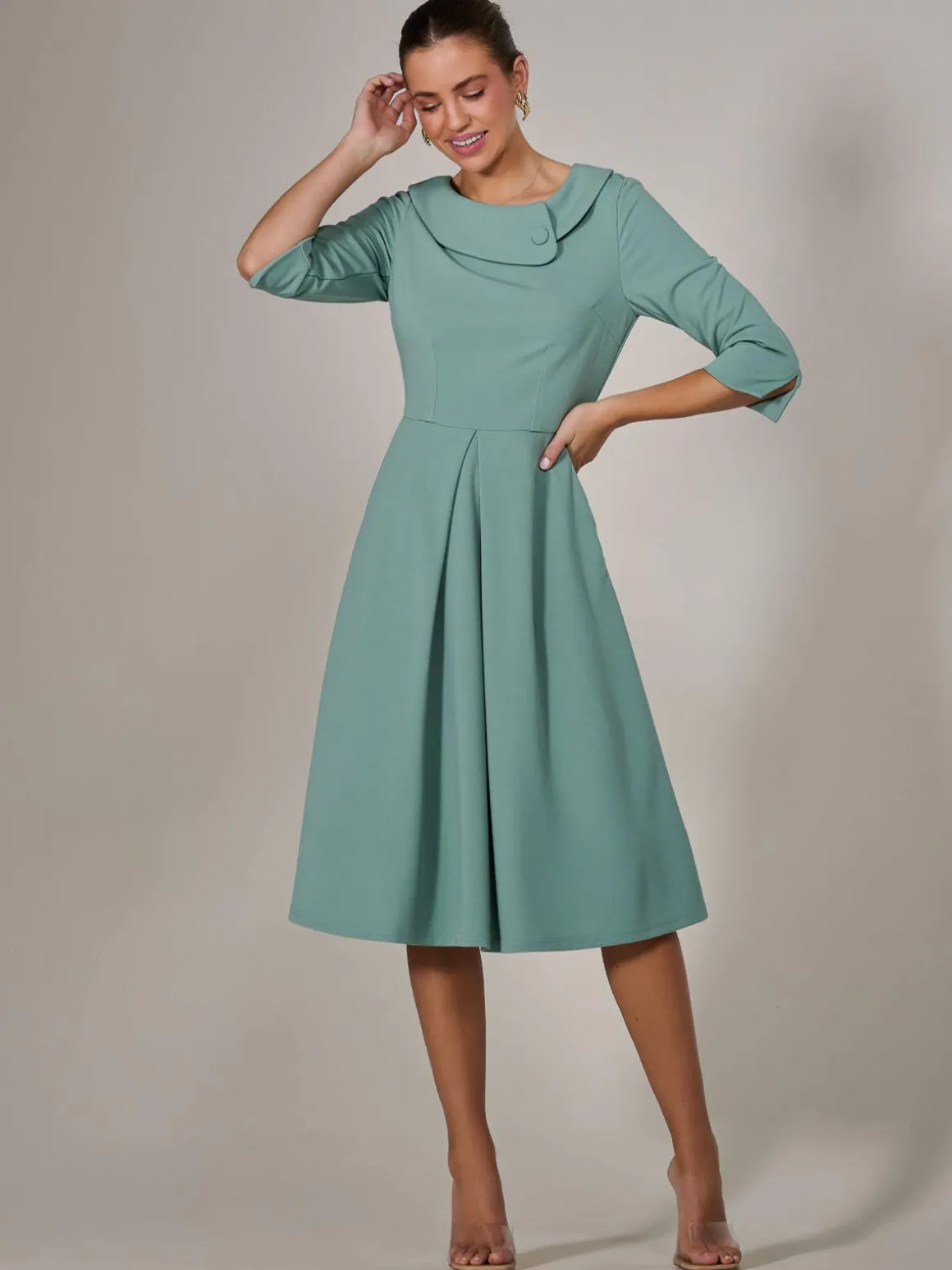 Roll Collar Long Sleeve Midi Dress, Mint Green